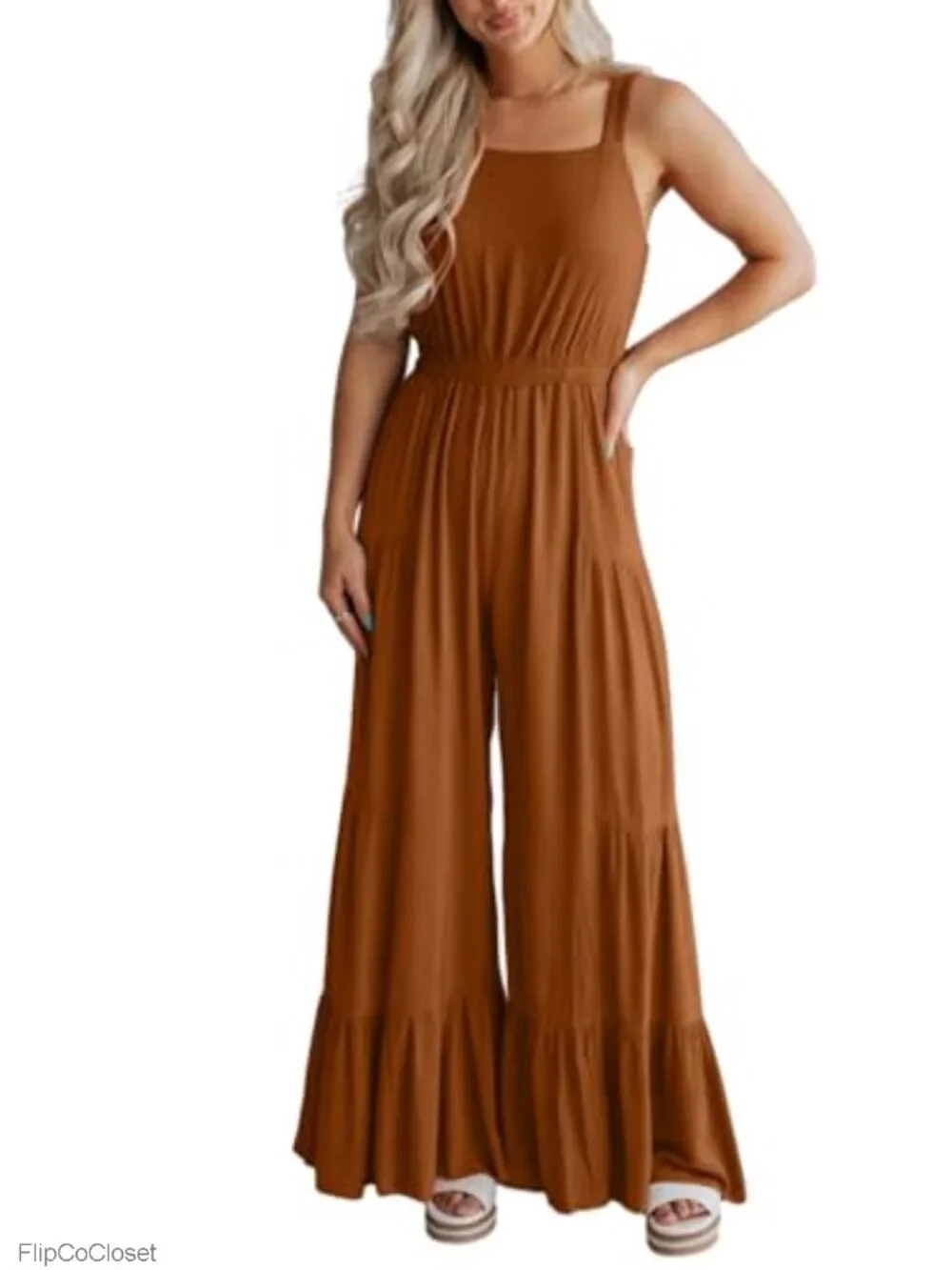 Womens Sleeveless Smocked Jumpsuit Ruffle Wide Leg Flowy Romper Summer